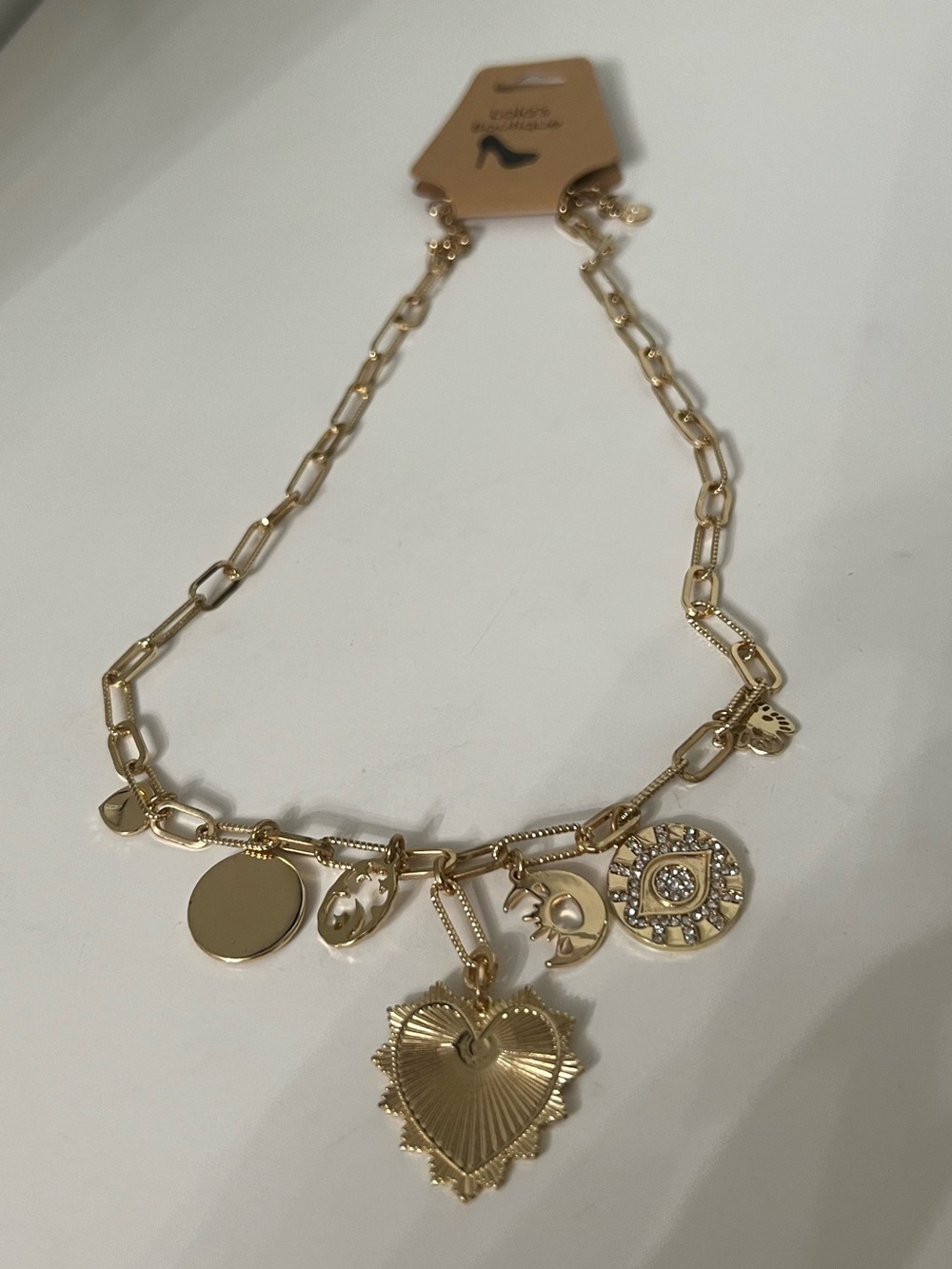 Gold Charm Link Necklace with Heart and Coin Pendants